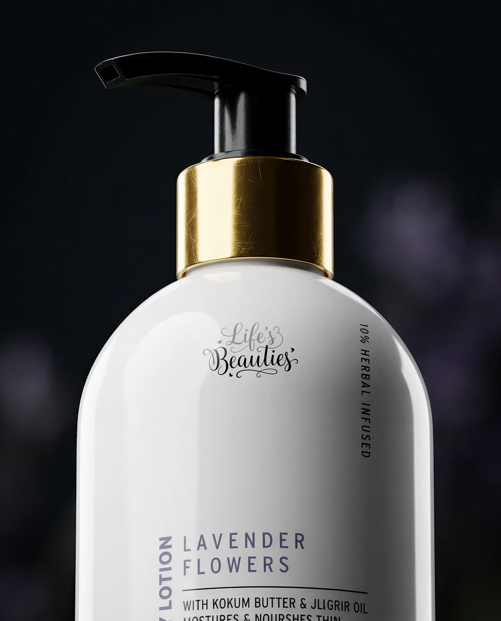 A bottle of Life's Beauties Lavender Flowers Lotion with Kokum Butter & Jilgir Oil, with a pump dispenser and a gold-colored cap.