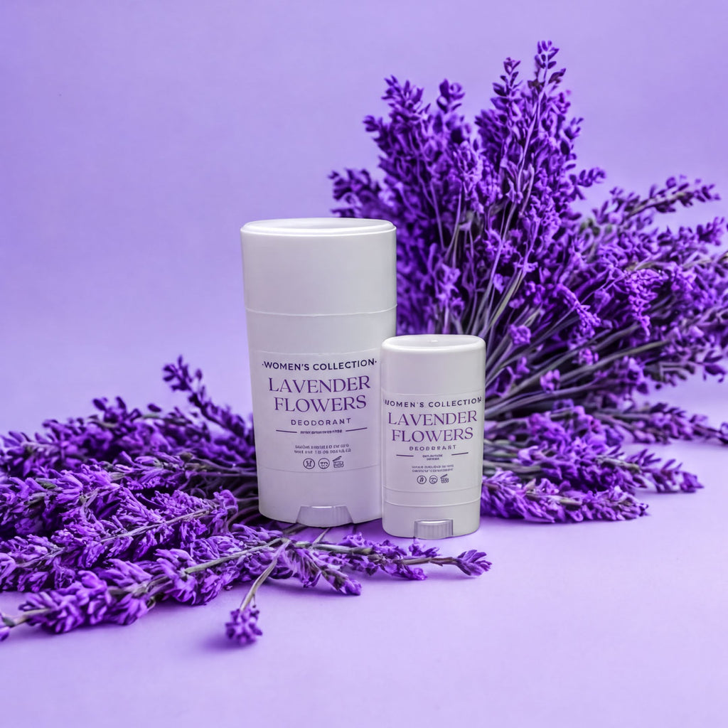 Two lavender-scented deodorant sticks are placed on a purple background, surrounded by a bunch of lavender flowers.