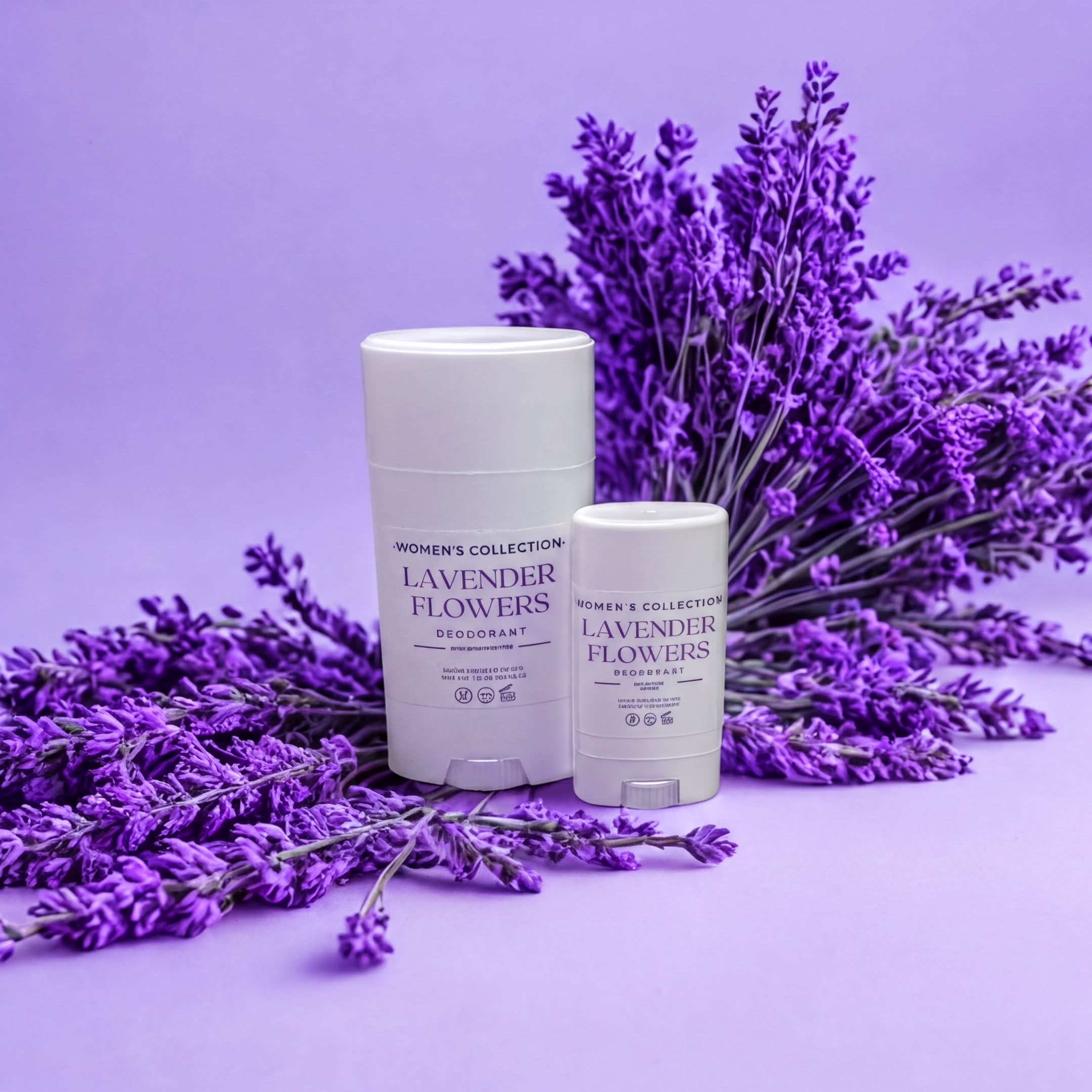 Two lavender-scented deodorant sticks are placed on a purple background, surrounded by a bunch of lavender flowers.