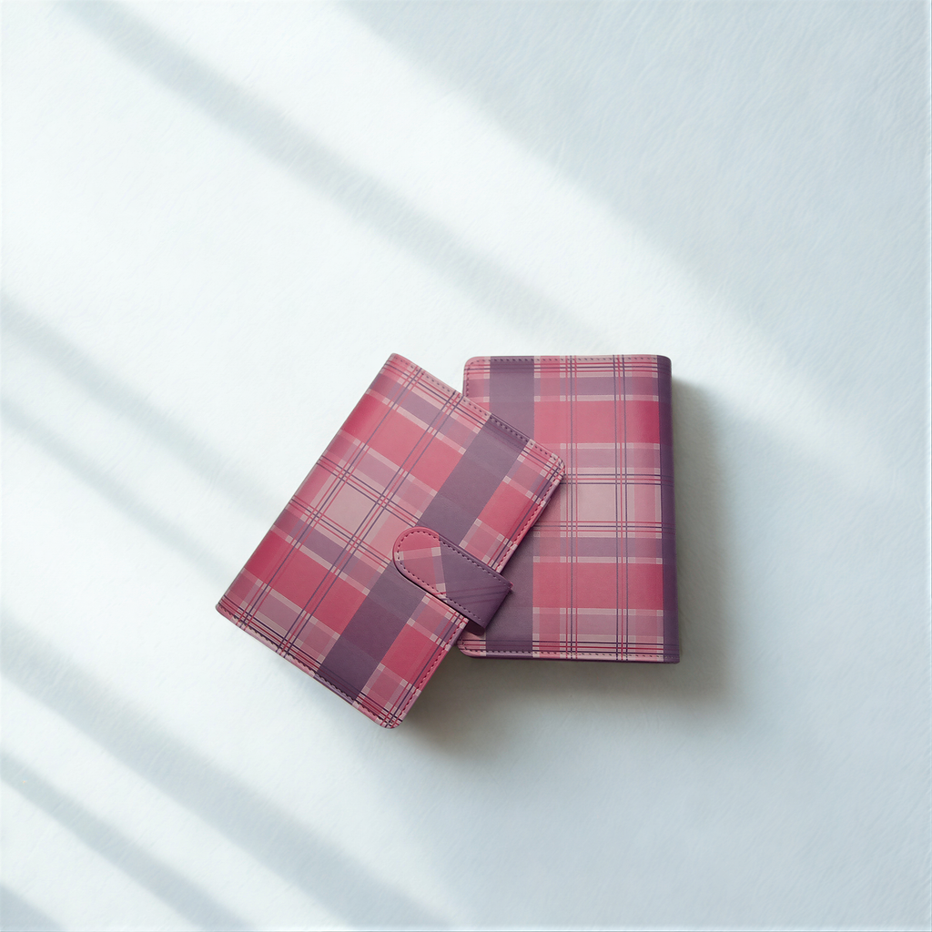Pink and purple plaid wallets on white textured surface with soft shadows