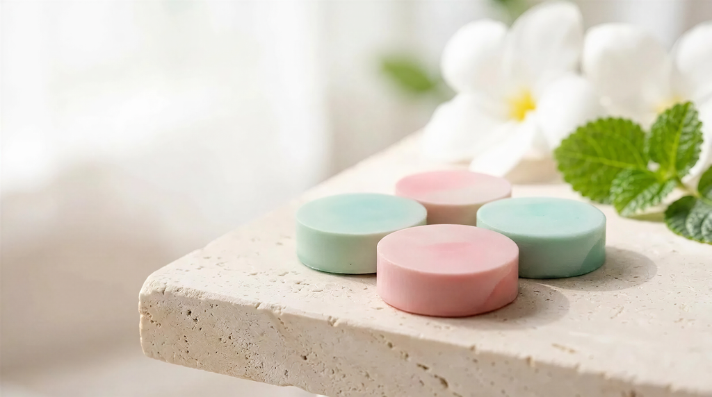 Four small, round, colorful soap bars are arranged on a light-colored surface, with a blurred background featuring white flowers and green leaves.