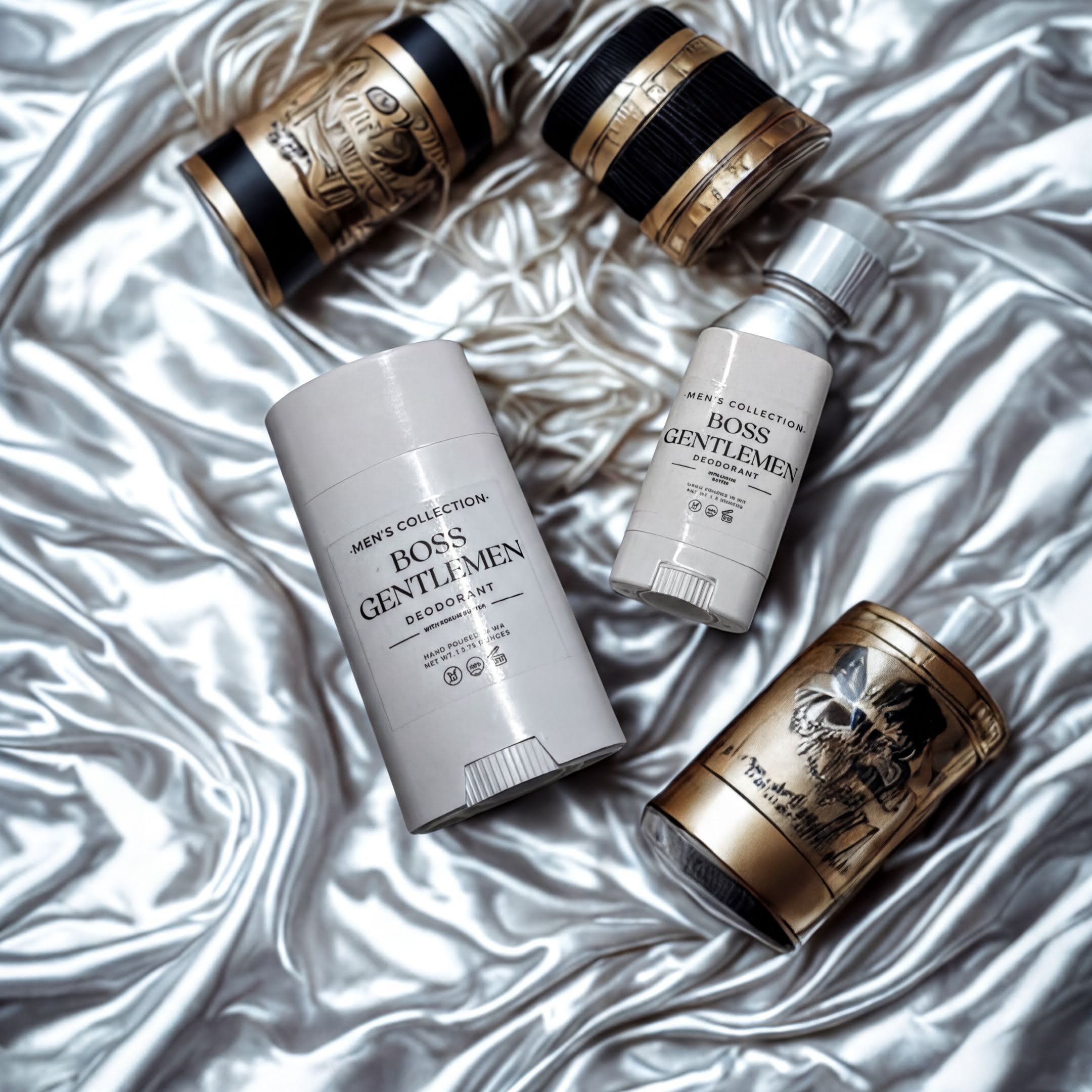 a collection of men's grooming products, including deodorant, cologne, and grooming essentials, arranged on a shiny, textured surface.