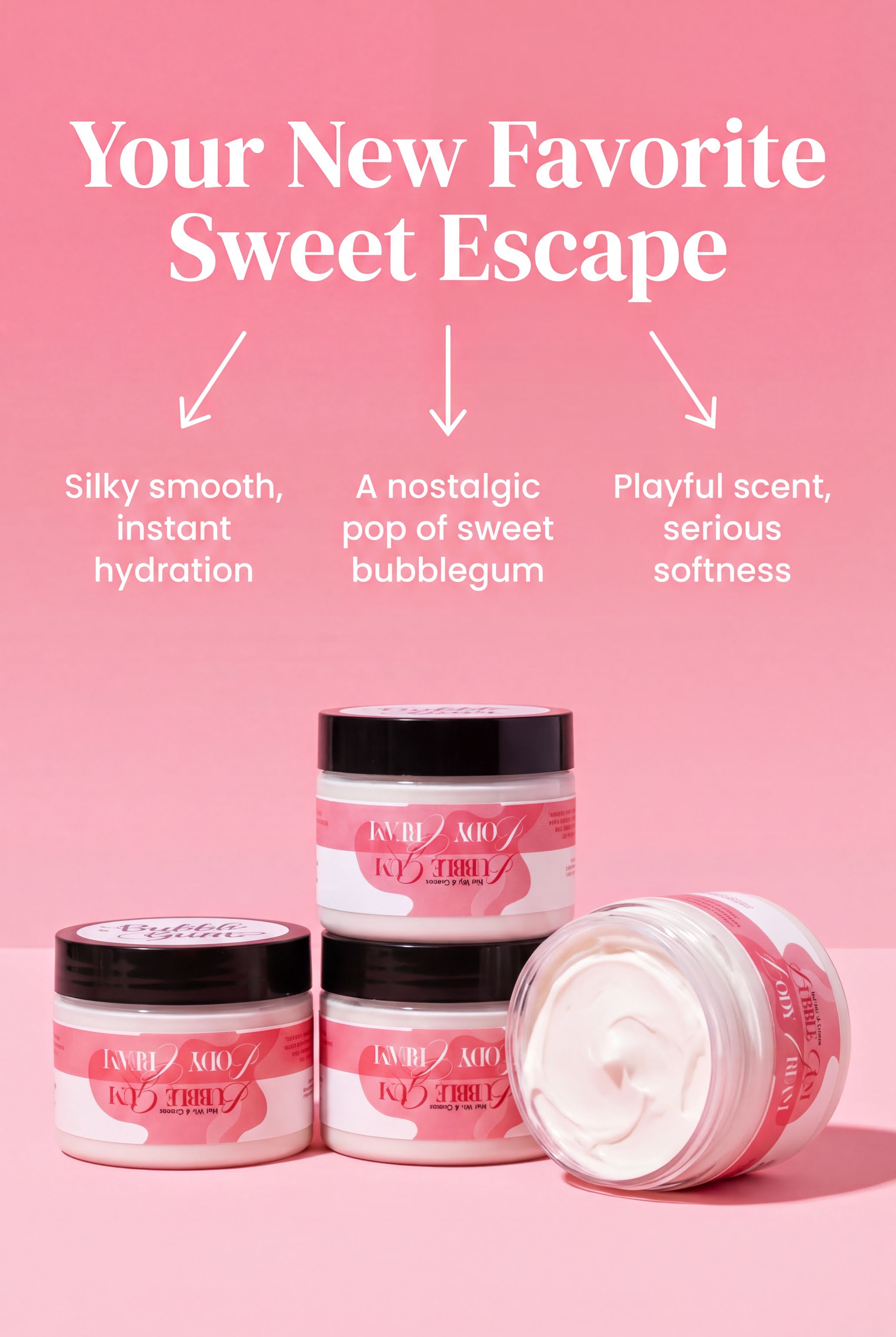 three jars of a product with a pink background and white text.