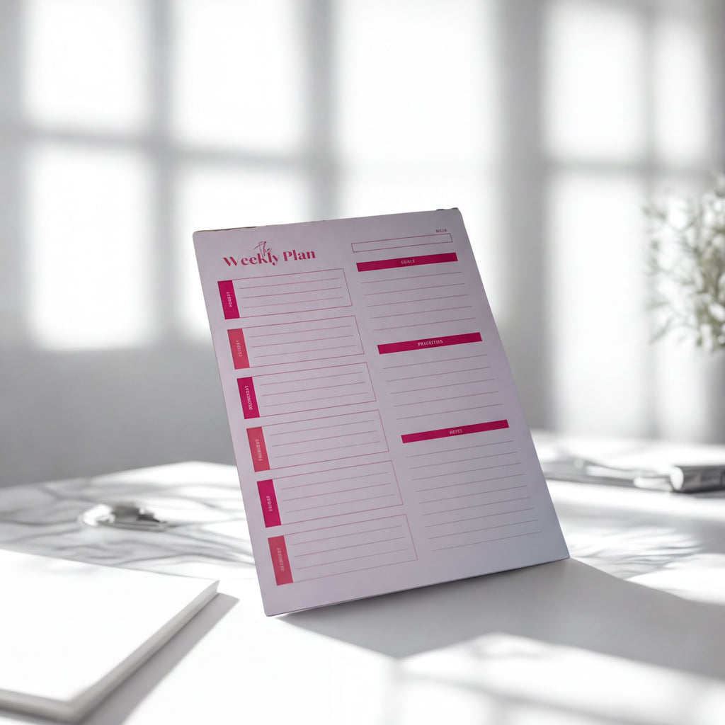 a white weekly planner with a pink header, placed on a white surface against a bright background.