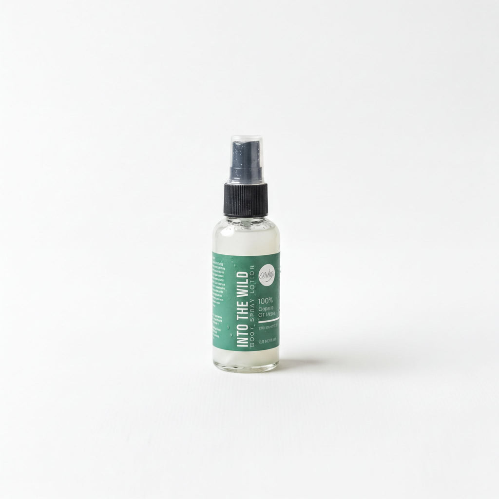 A bottle of "Into the Wild" lotion is shown against a white background.