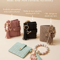 The image showcases a collection of stylish accessories, including wallets, keys, and bracelets, arranged on a light background.