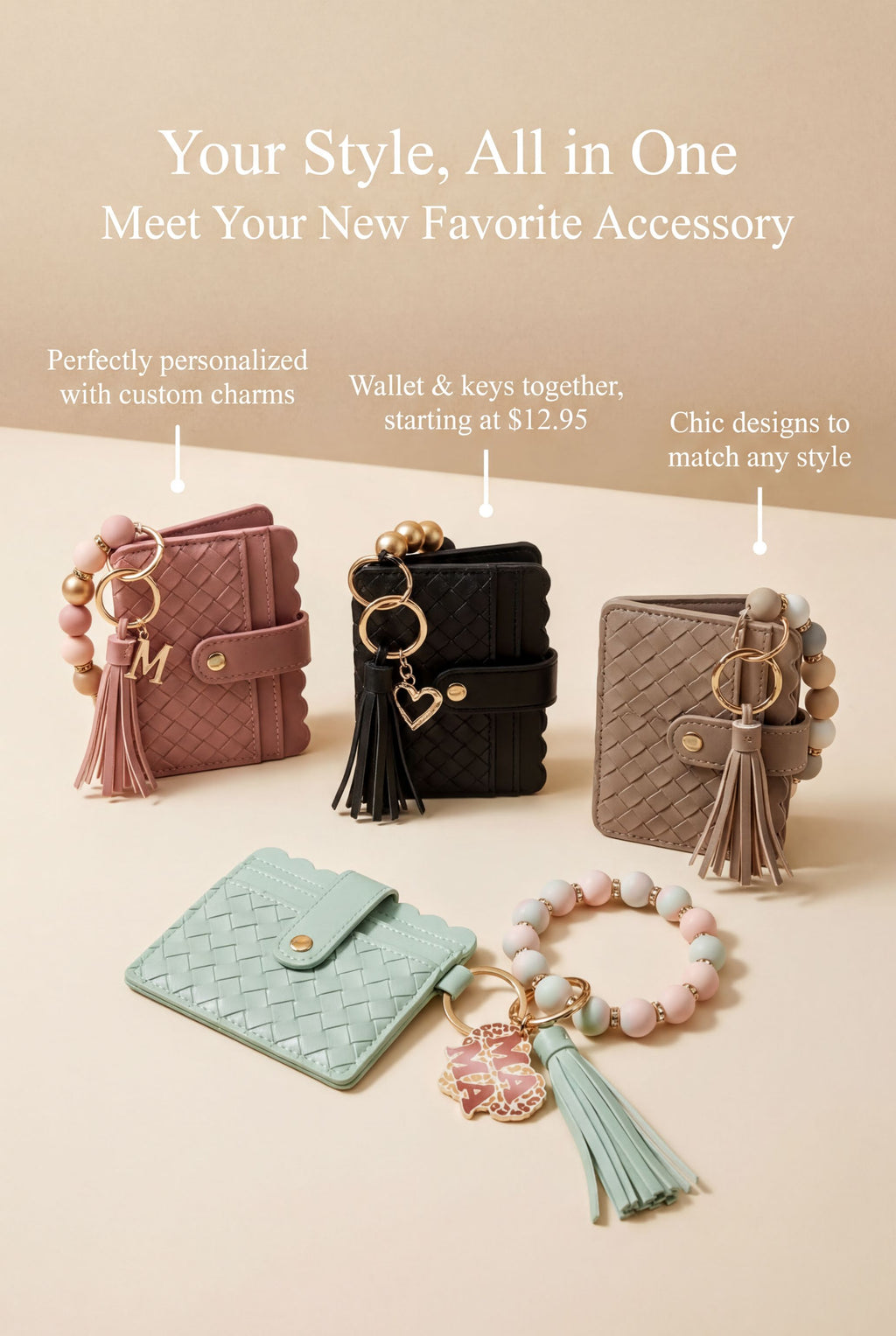 The image showcases a collection of stylish accessories, including wallets, keys, and bracelets, arranged on a light background.