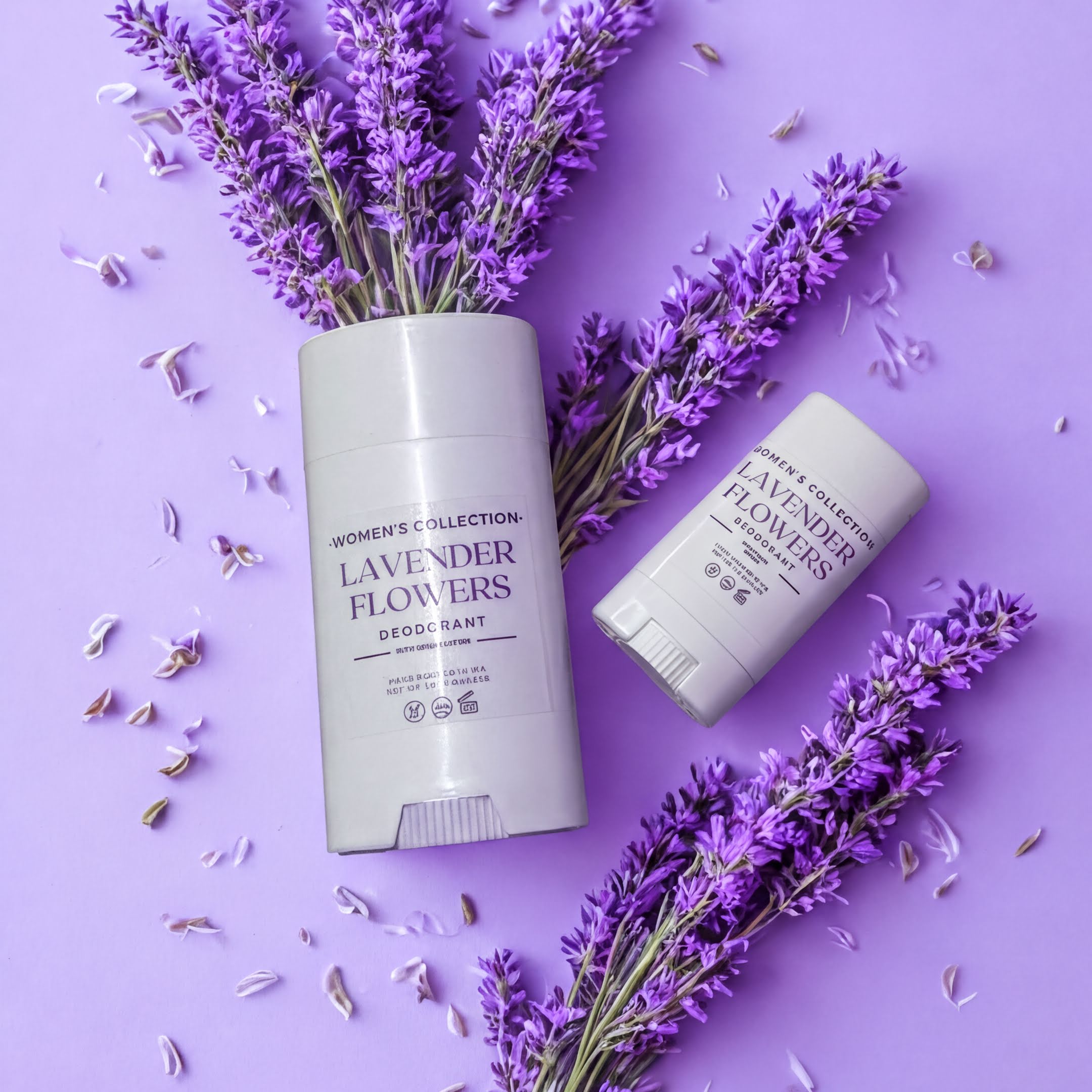 two deodorant sticks with a purple background, surrounded by lavender flowers and some scattered petals.
