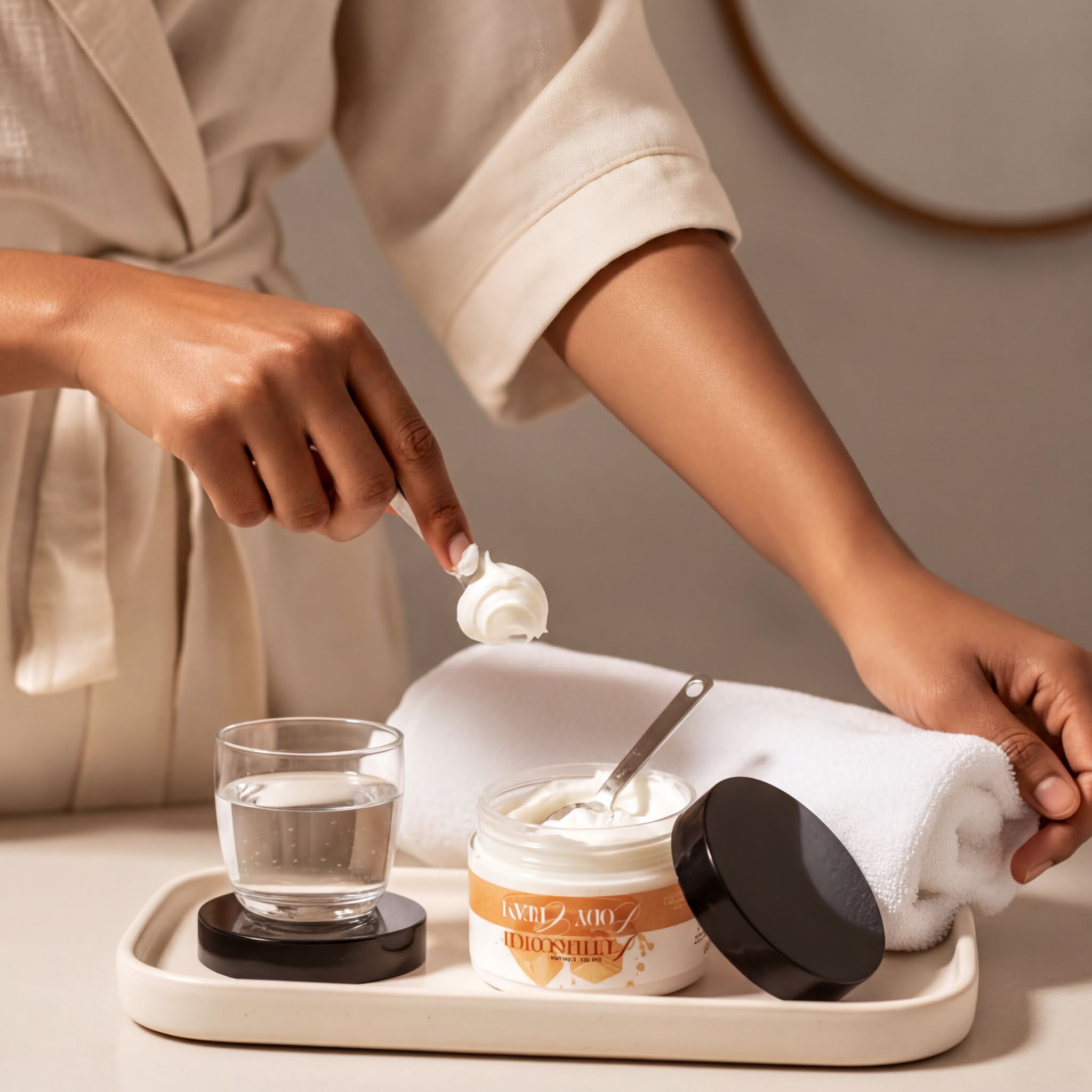 A person is applying a white cream or lotion to their hand, with a jar of the product and a glass of water nearby.