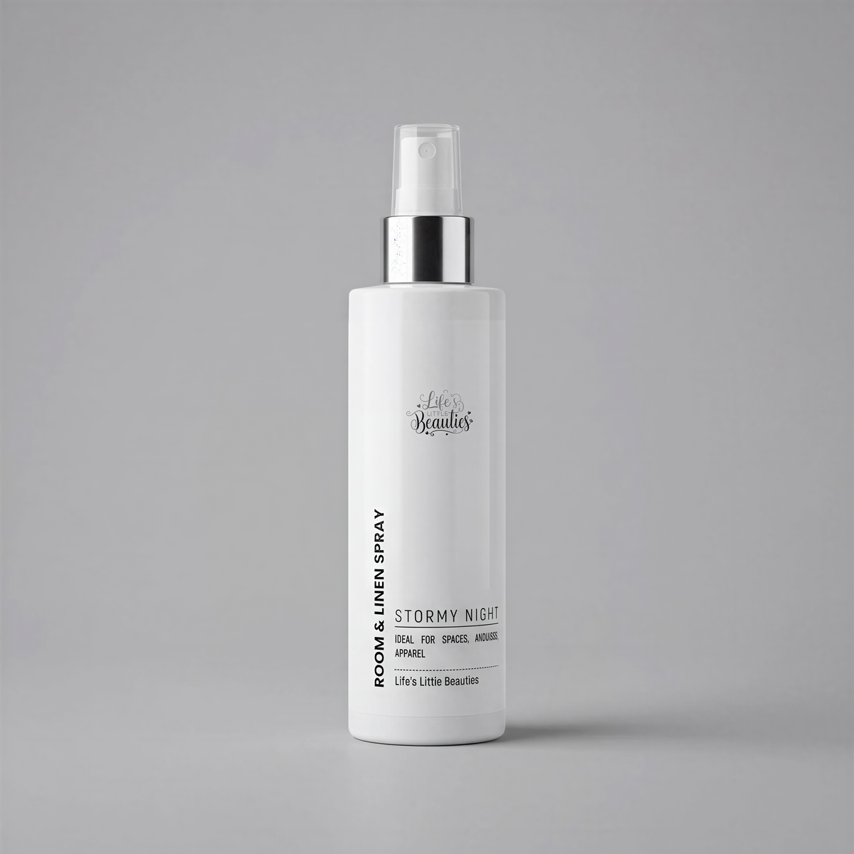 A bottle of "Stormy Night" room and linen spray, a beauty product, against a gray background.