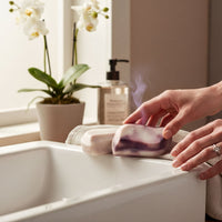 A person's hands are reaching for a bar of soap on a white sink, with a potted plant and a bottle of soap in the background.