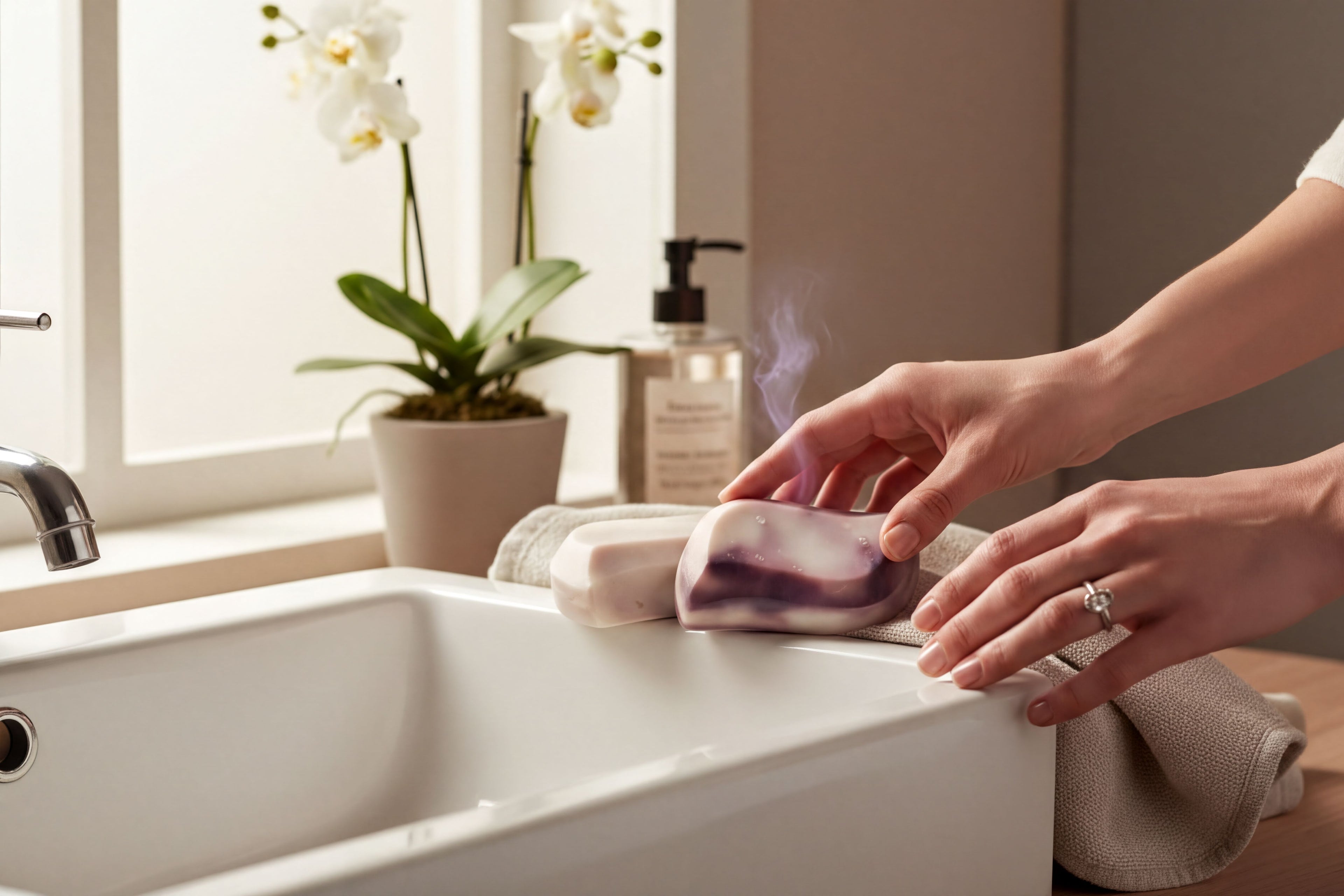 Hands holding natural goat milk soap bar by sink, with orchid and body care products nearby