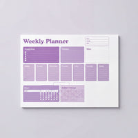 The image is a weekly planner with a purple and white color scheme. It includes a calendar section for tracking dates and a section for planning and organizing tasks and goals for the week.