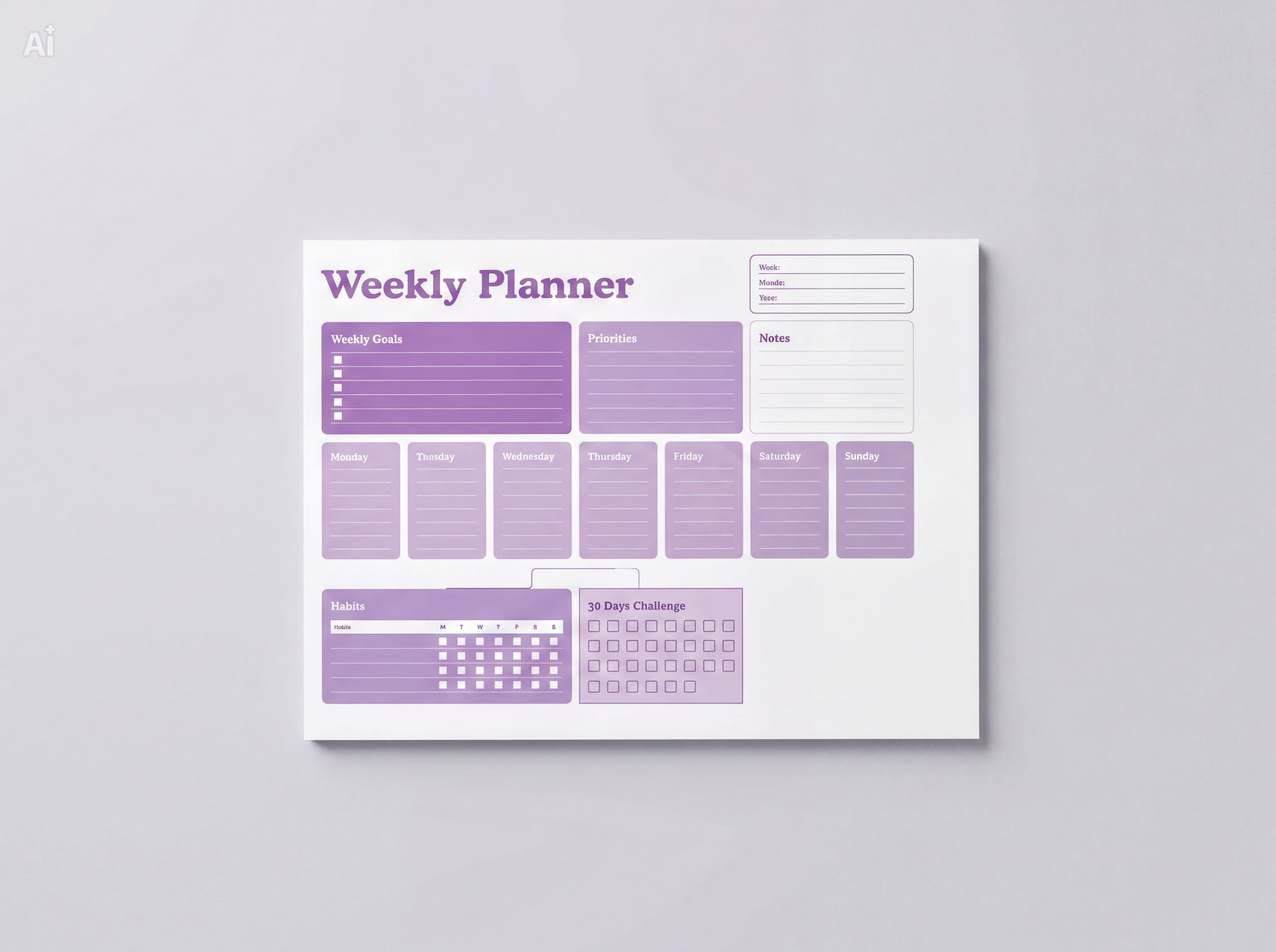 The image is a weekly planner with a purple and white color scheme. It includes a calendar section for tracking dates and a section for planning and organizing tasks and goals for the week.