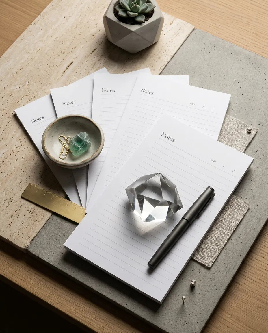 a collection of office supplies and accessories arranged on a wooden surface, including a notebook, a pen, a crystal, and a ruler.