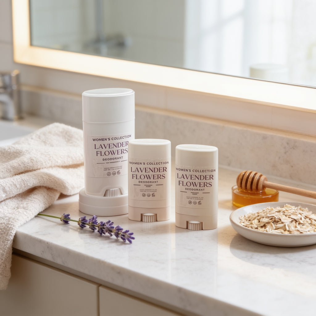 a collection of three lavender-scented deodorant sticks, a wooden honey dipper, and a bowl of oats on a bathroom counter.