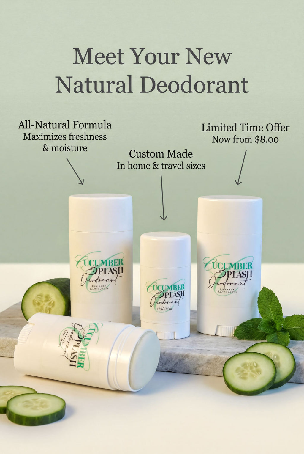 three cucumber deodorant sticks arranged on a marble surface, with sliced cucumbers and mint leaves nearby.