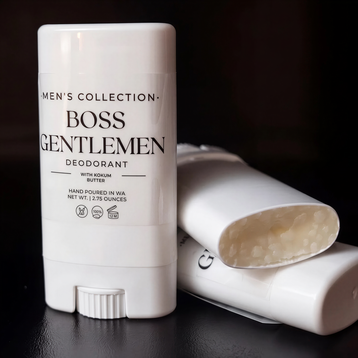 A white deodorant stick with black text, labeled as "Men's Collection - Boss Gentlemen Deodorant" and "Hand Poured in WA NET WT. 7.75 OZ."