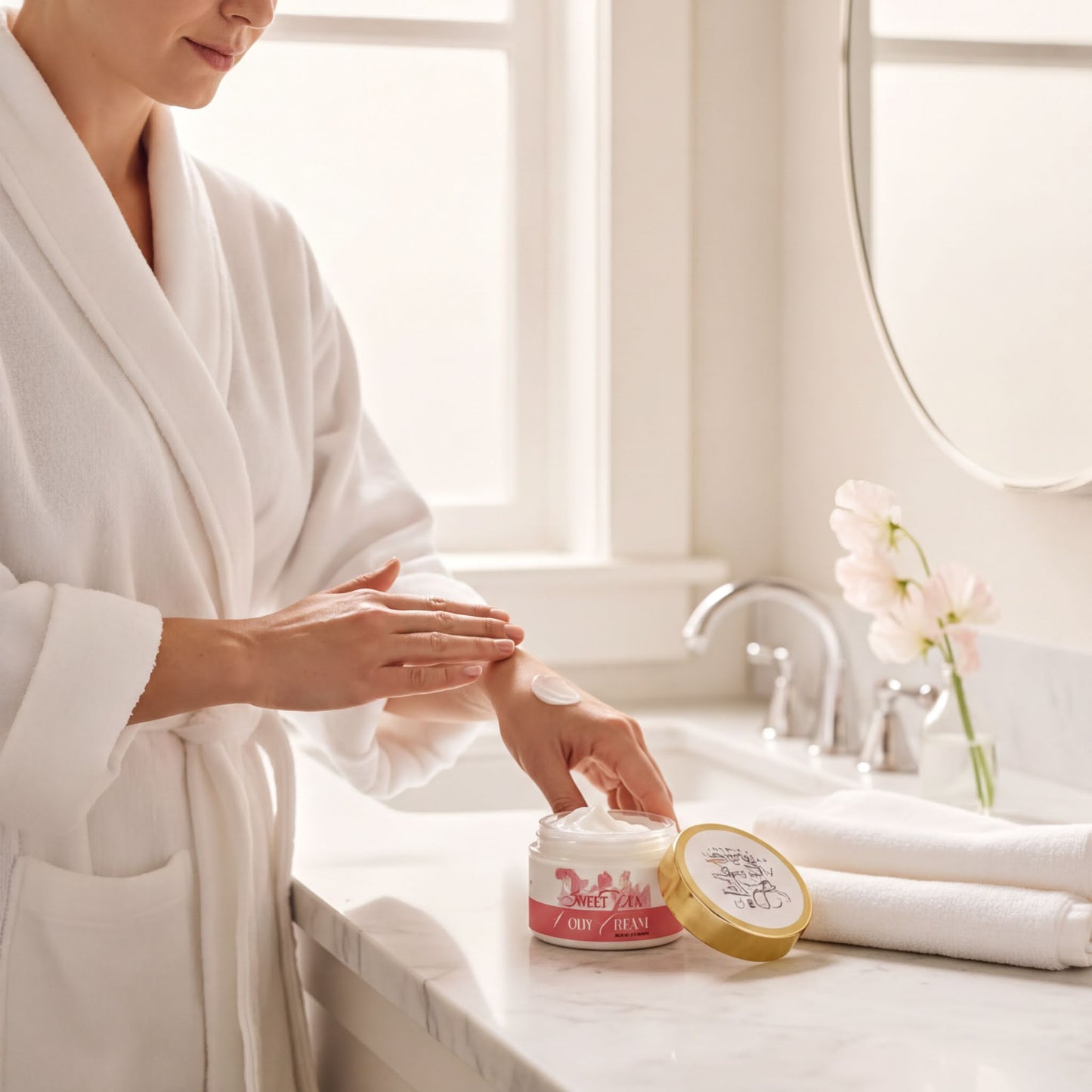 A woman in a white robe is applying lotion to her hands in a bathroom setting.