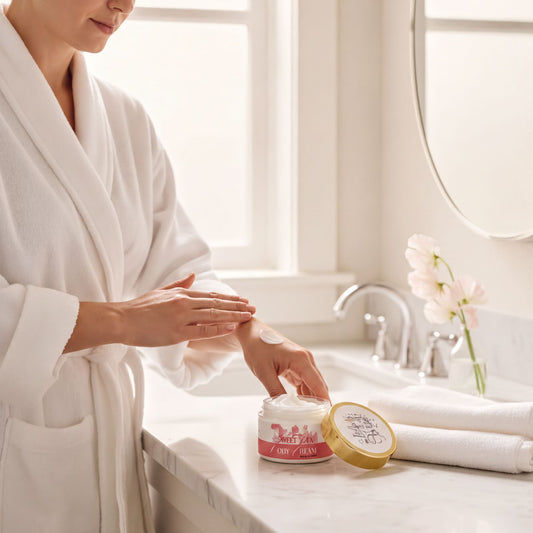 two jars of Sweet Pea Body Cream placed on a bathroom counter, with a vase of pink flowers nearby.