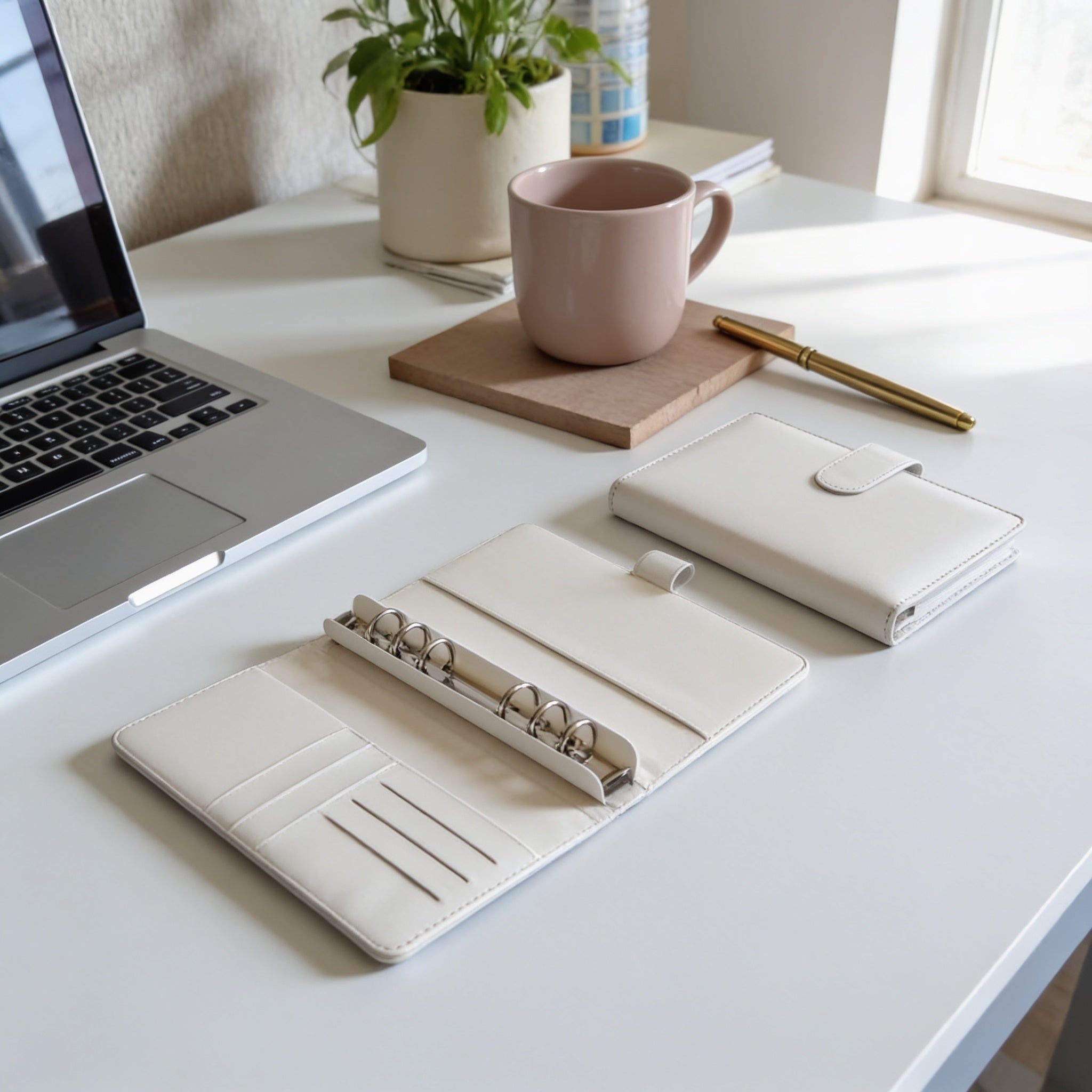 A white desk with a laptop, a white wallet, a white notebook, and a white mug, along with a potted plant and some books.