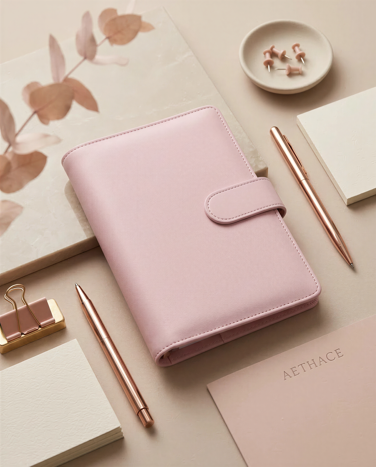 a collection of pink and white office supplies, including a pink leather-bound notebook, a pink pen, a pink binder, a pink sticky note pad, a small white bowl with small objects, and a pink sticky note.
