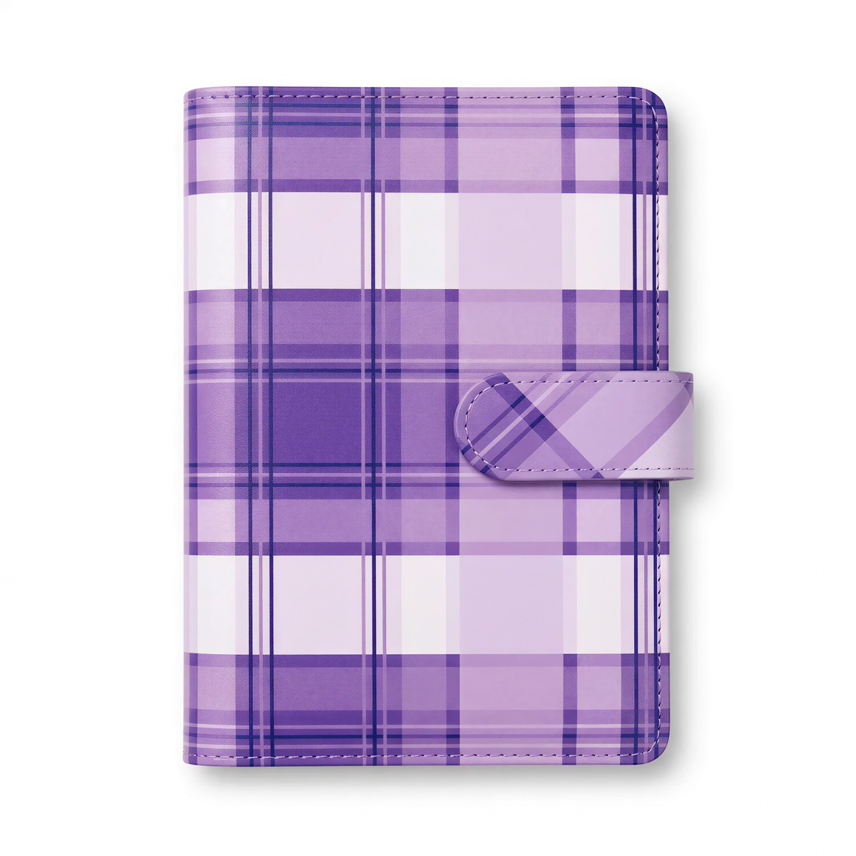 A purple and white plaid patterned wallet or card holder with a leather-like texture and a small leather clasp.