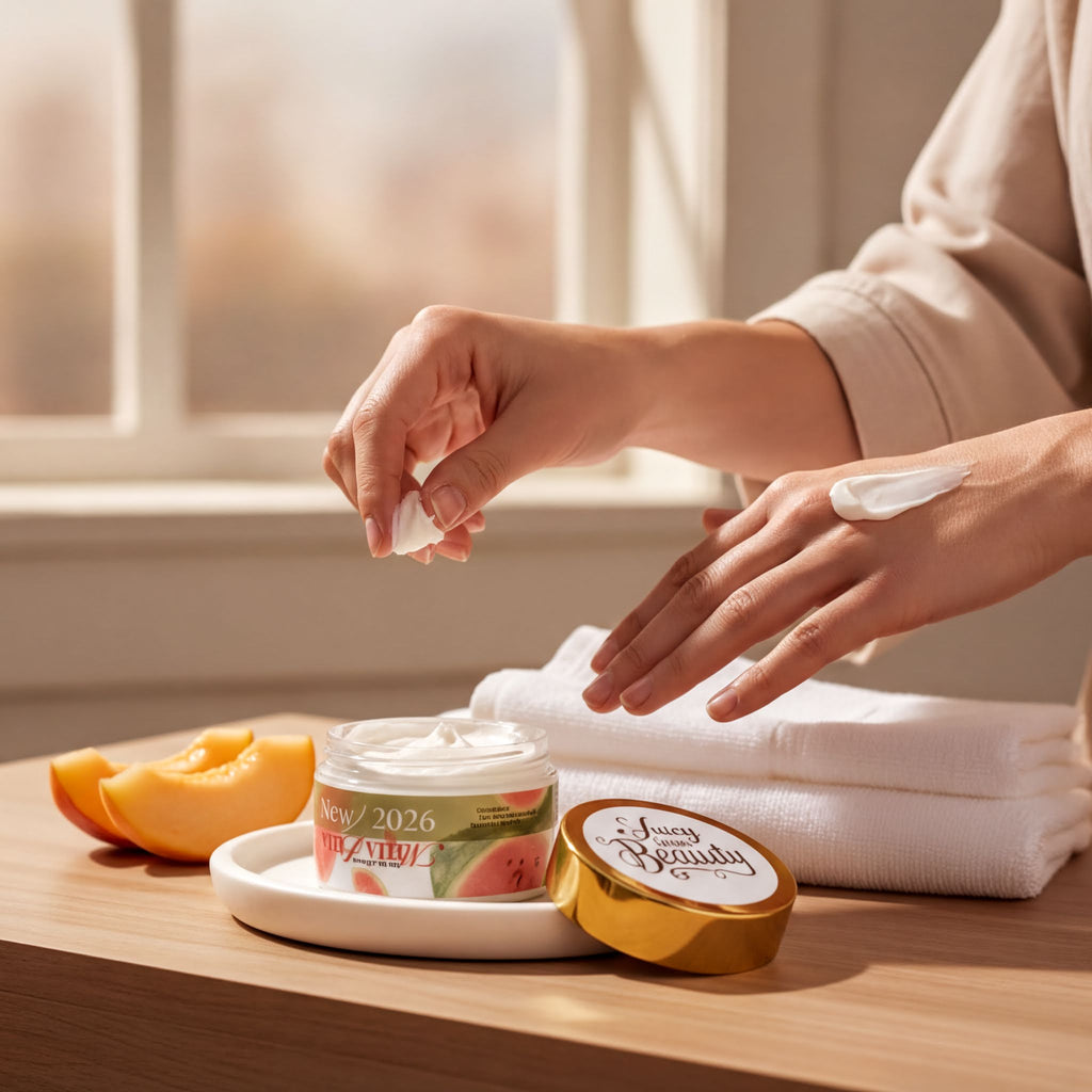 A person's hands applying a white cream to their face, with a jar of the cream and some fruit visible on a wooden surface.
