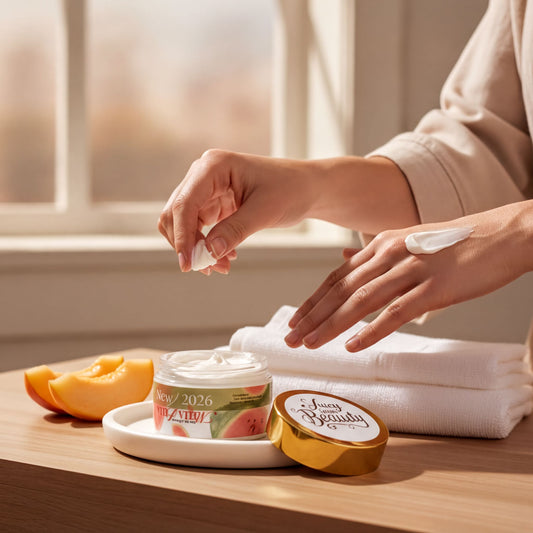 The image is an advertisement for a skincare product, featuring three jars of the product with different scents and textures.