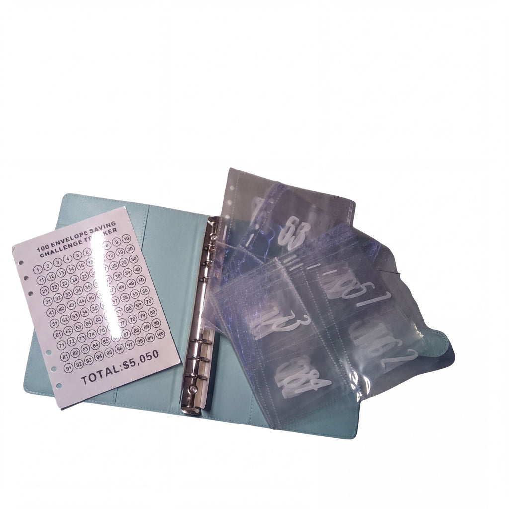 100 envelope saving challenge tracker with numbered envelopes in a teal binder, total $5,050