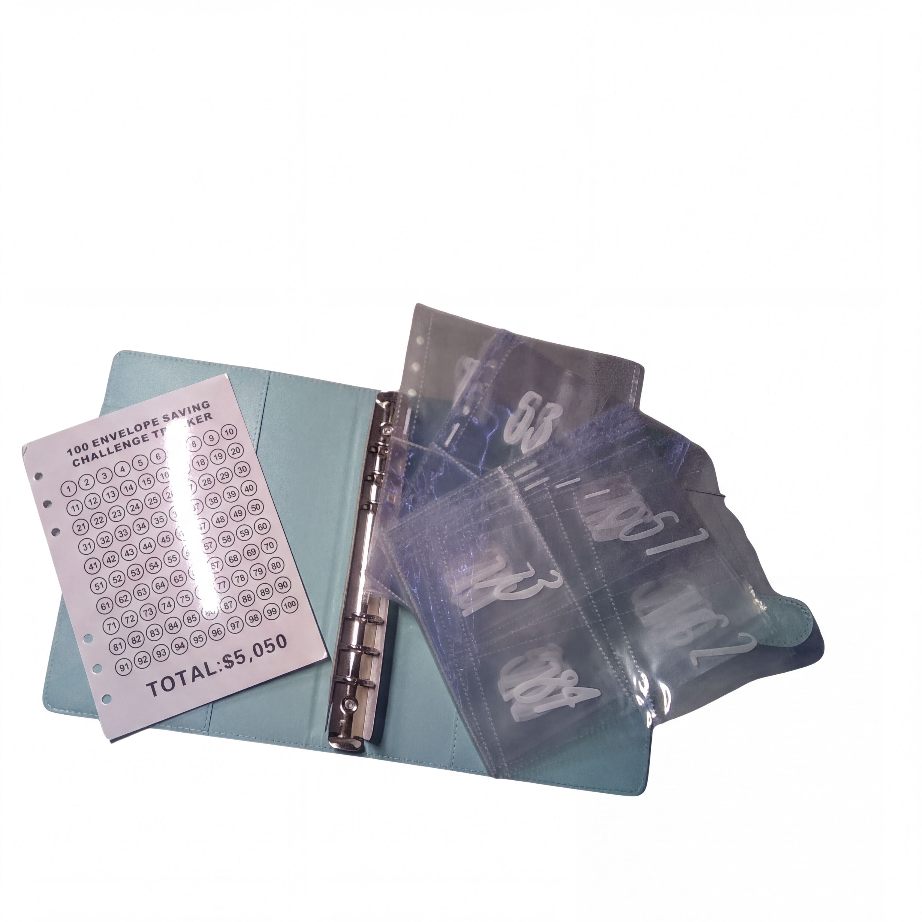 100 envelope saving challenge tracker with numbered envelopes in a teal binder, total $5,050