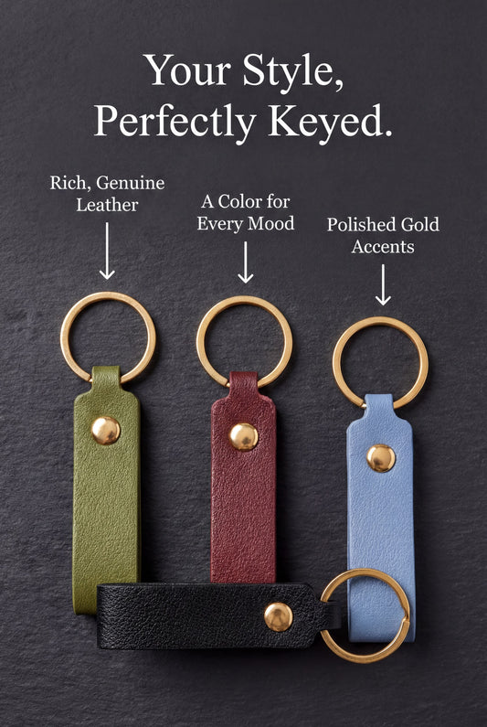 three leather keychains with different colors and designs, each with a gold-colored ring and a black-colored leather strap.