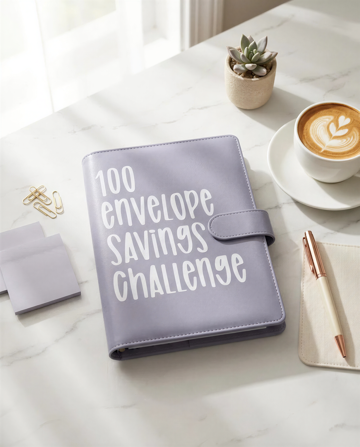 a purple notebook with the text "100 envelope savings challenge" printed on it, placed on a marble surface alongside a cup of coffee, a pen, and some office supplies.