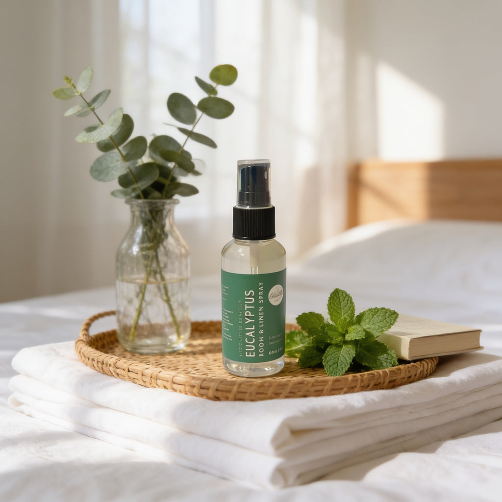 a bottle of eucalyptus essential oil, a glass vase with eucalyptus leaves, a book, and a wicker tray with folded white towels.