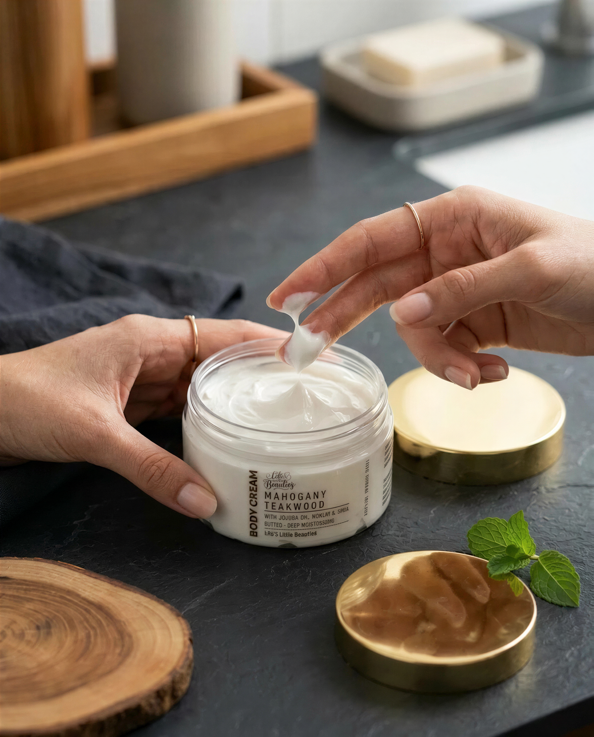 A person's hands are applying cream to a jar of body cream on a countertop.
