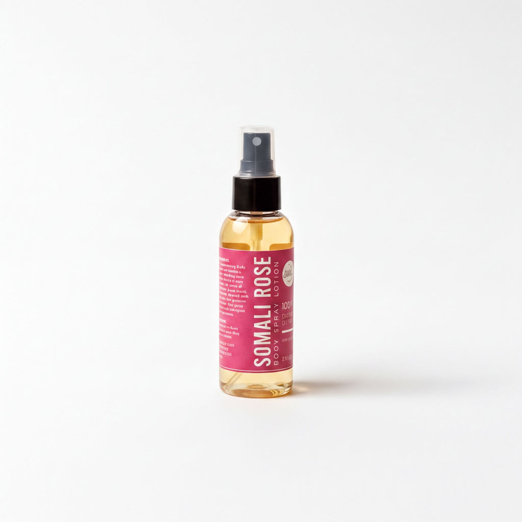 A bottle of "SOMALI ROSE" body lotion is shown against a white background.