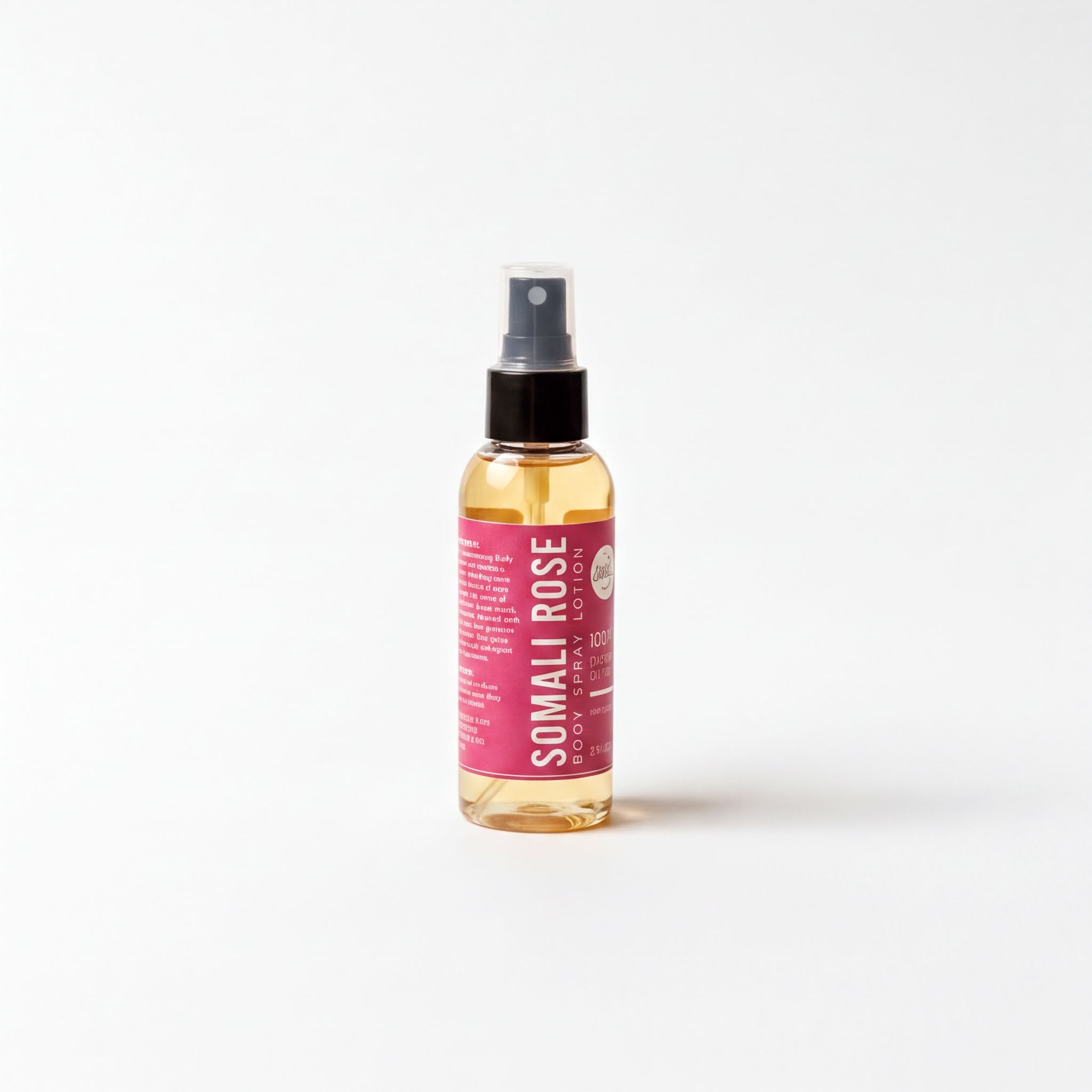 A bottle of "SOMALI ROSE" body lotion is shown against a white background.