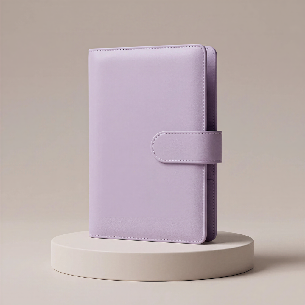 A purple leather wallet or book cover is displayed on a white pedestal against a beige background.