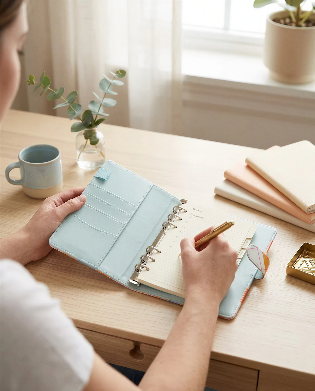 A person is sitting at a desk, writing in a light blue notebook with a pen, surrounded by various items such as a mug, a vase with greenery, and a stack of books.