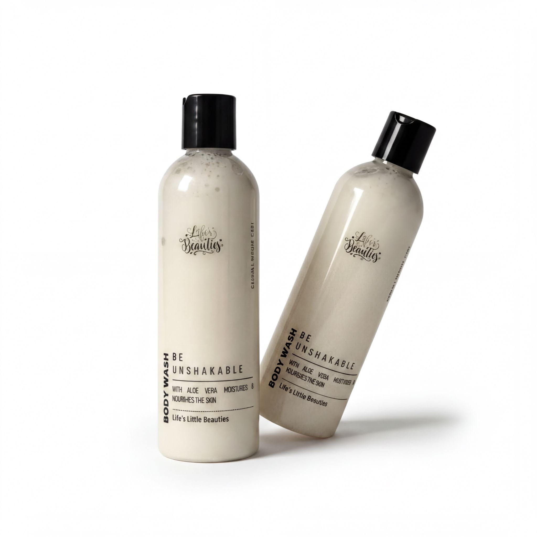 Two bottles of body wash with a white color and black cap, labeled as unshaakable.