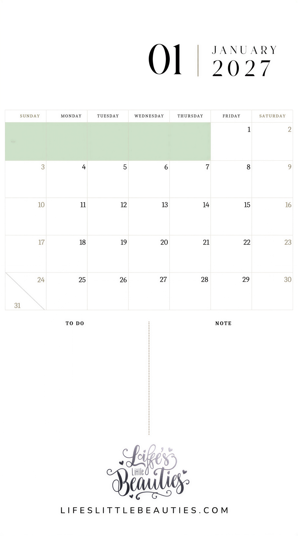 The image is a calendar for January, displaying the days of the week and the dates for each day.