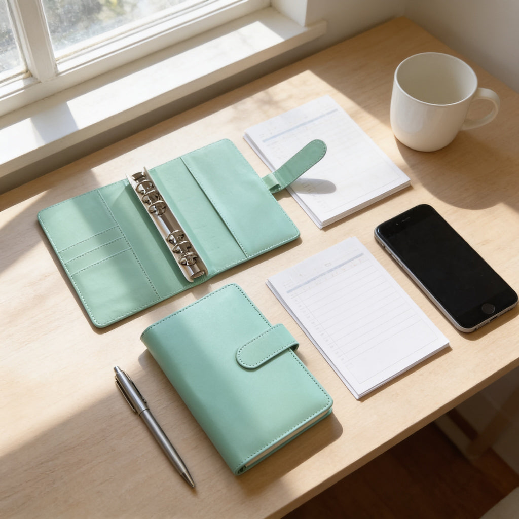 a wooden desk with various items on it, including a mint green binder, a black smartphone, a pen, a notebook, and a white mug.