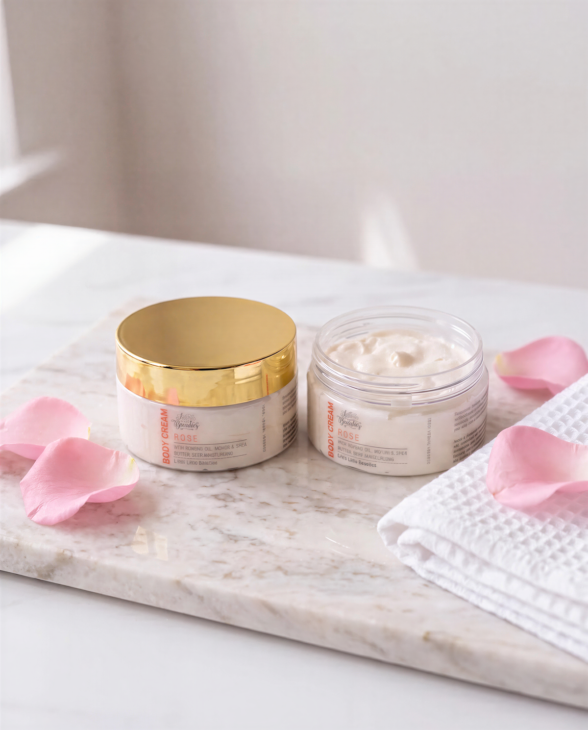 two jars of body cream with gold lids, placed on a marble surface alongside pink rose petals.