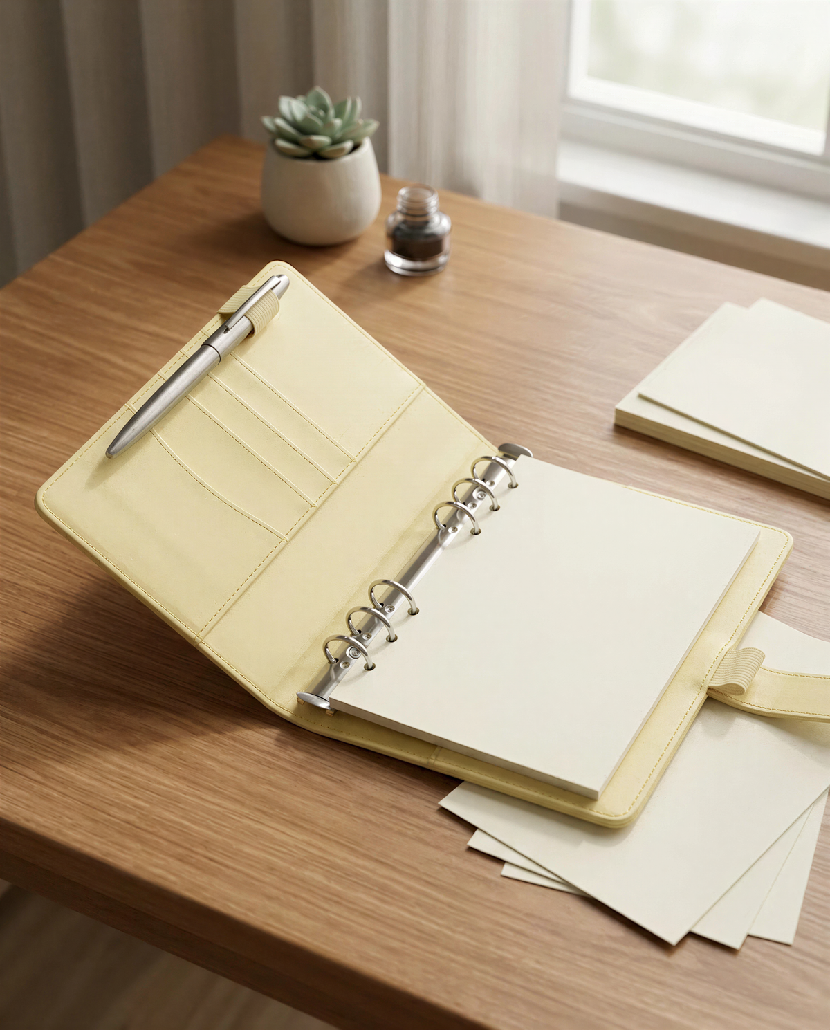 a wooden desk with a yellow notebook, a pen, and a small succulent plant. There is also a bottle of ink and some papers on the desk.