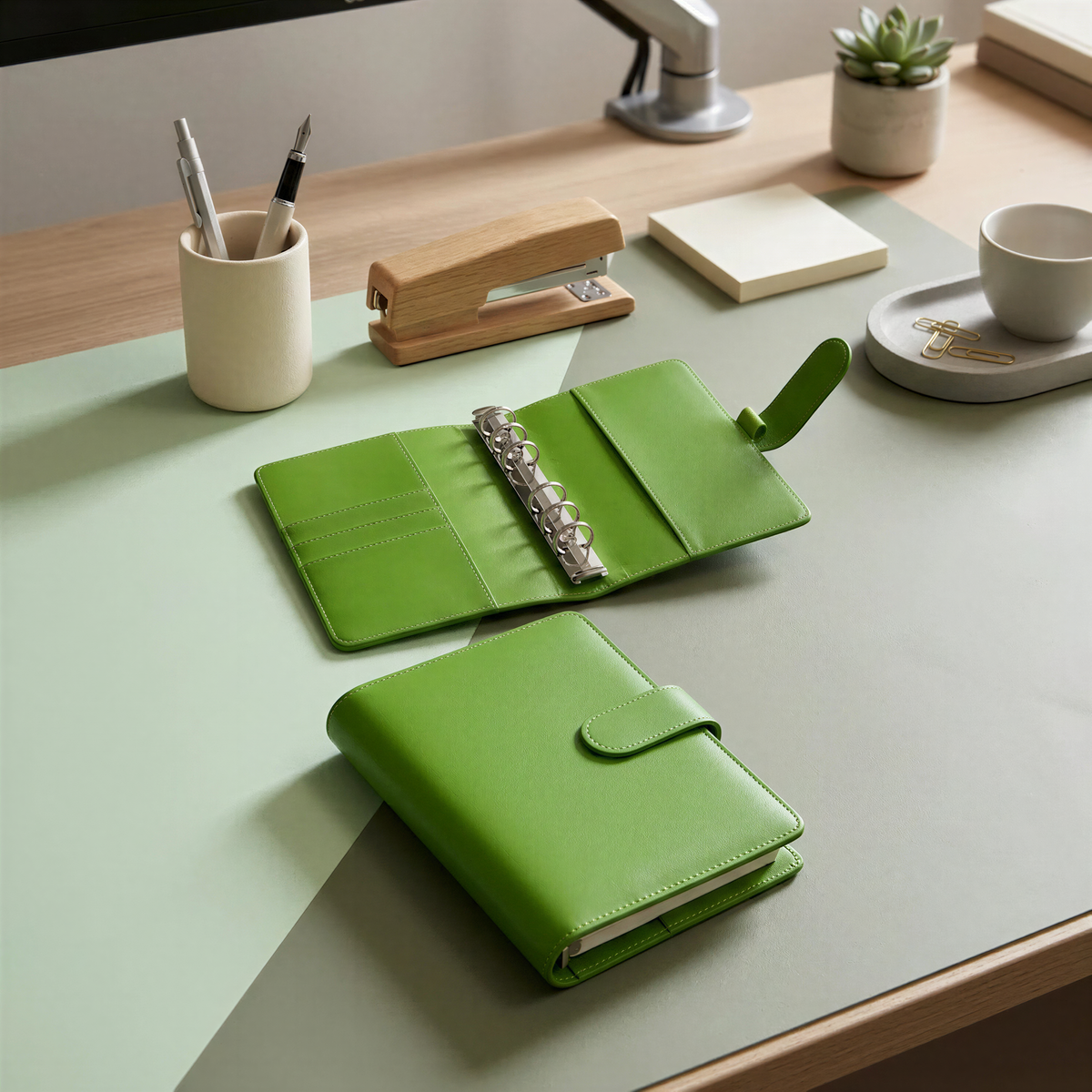 a desk with various office supplies, including a green leather binder, a cup, a stapler, and a small plant.