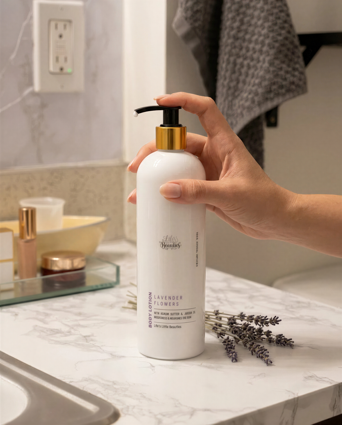 A hand is holding a white pump bottle with a gold cap, which appears to be a body lotion, in a bathroom setting with a marble countertop and a towel.