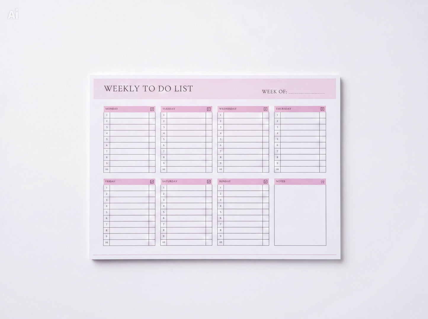 a pink and white weekly to-do list with a blank space for notes, placed on a white background.