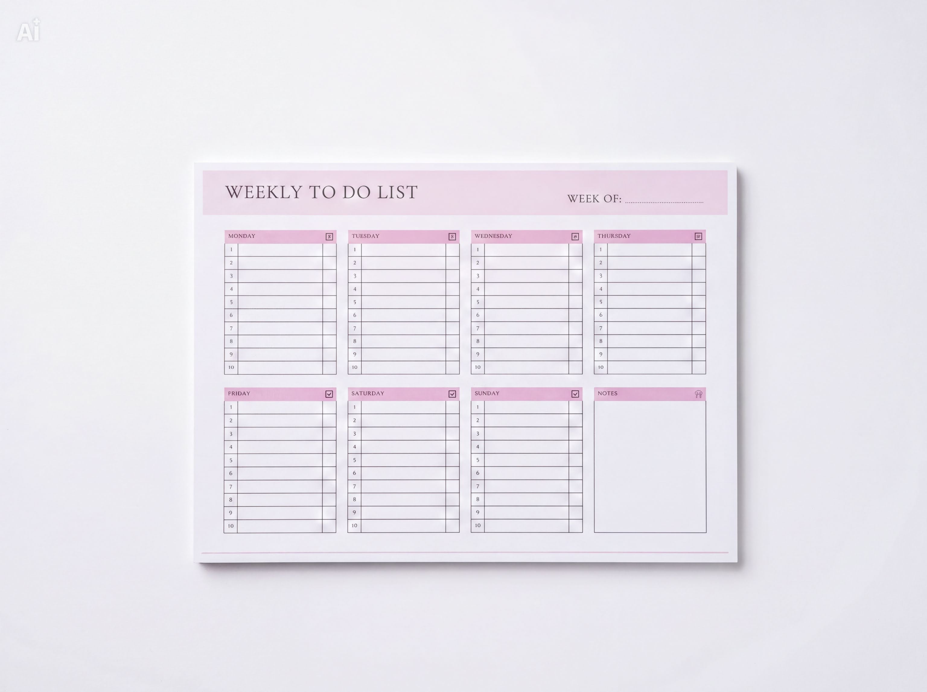 a pink and white weekly to-do list with a blank space for notes, placed on a white background.
