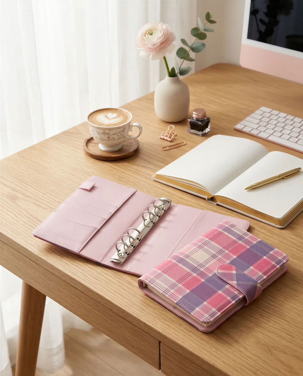 A wooden desk with a pink and purple plaid notebook, a pink coffee cup, a vase with a pink rose, a keyboard, and a pen and notebook.