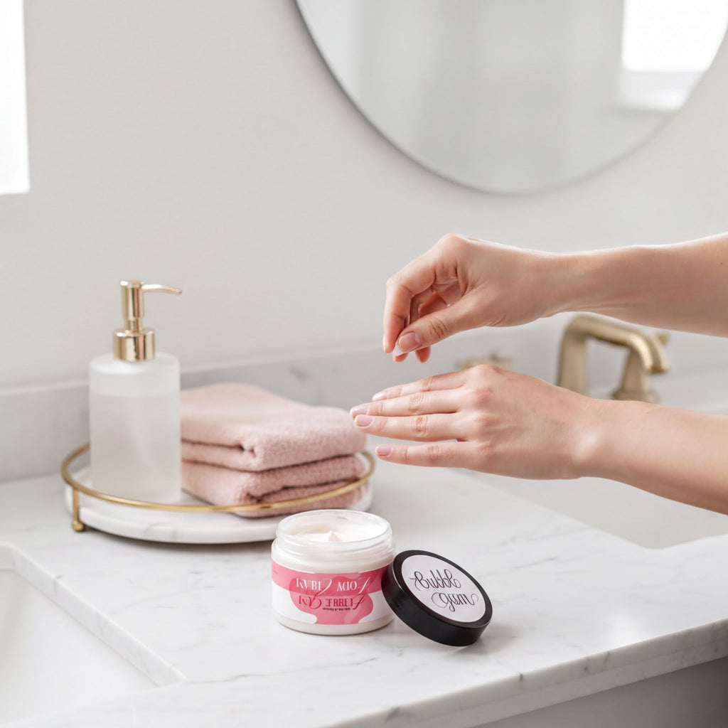 A person's hands applying lotion to their face, with a jar of lotion and a pink towel visible on the counter.